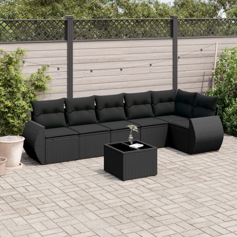 Salon de jardin 7 pcs avec coussins noir résine tressée 