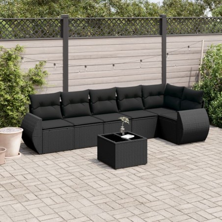 Salon de jardin 7 pcs avec coussins noir résine tressée 