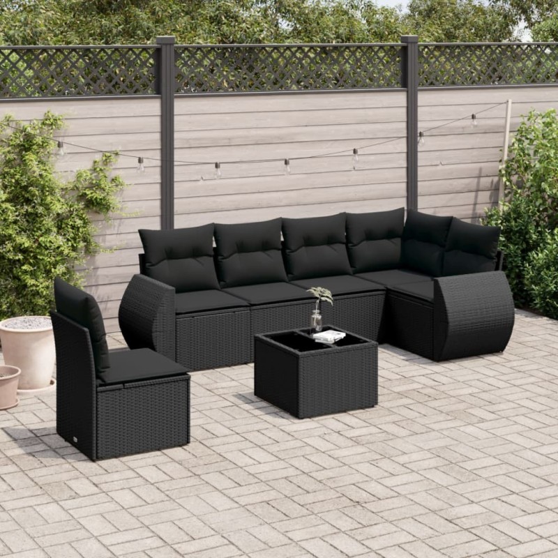 Salon de jardin 7 pcs avec coussins noir résine tressée 
