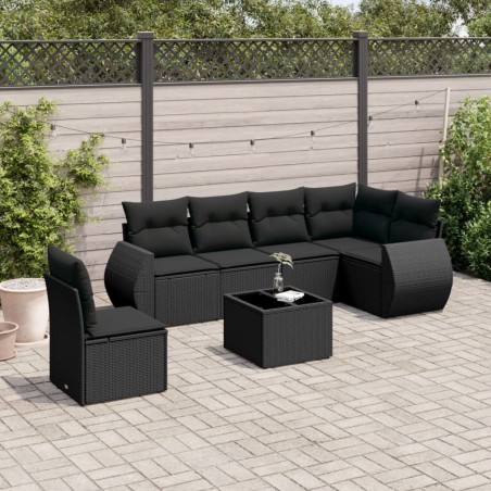 Salon de jardin 7 pcs avec coussins noir résine tressée 