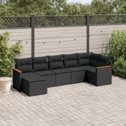 Salon de jardin 7 pcs avec coussins noir résine tressée 