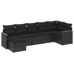 Salon de jardin 7 pcs avec coussins noir résine tressée 