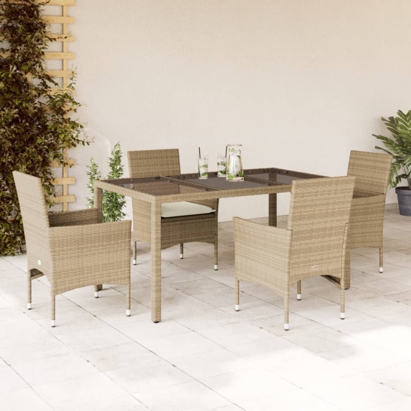 Ensemble à manger de jardin et coussins 5 pcs beige rotin verre 