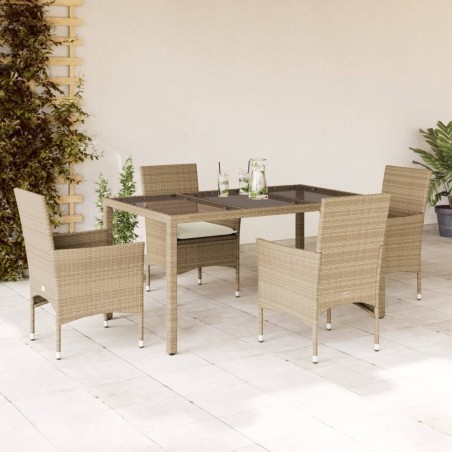 Ensemble à manger de jardin et coussins 5 pcs beige rotin verre 