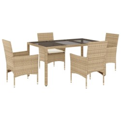 Ensemble à manger de jardin et coussins 5 pcs beige rotin verre 