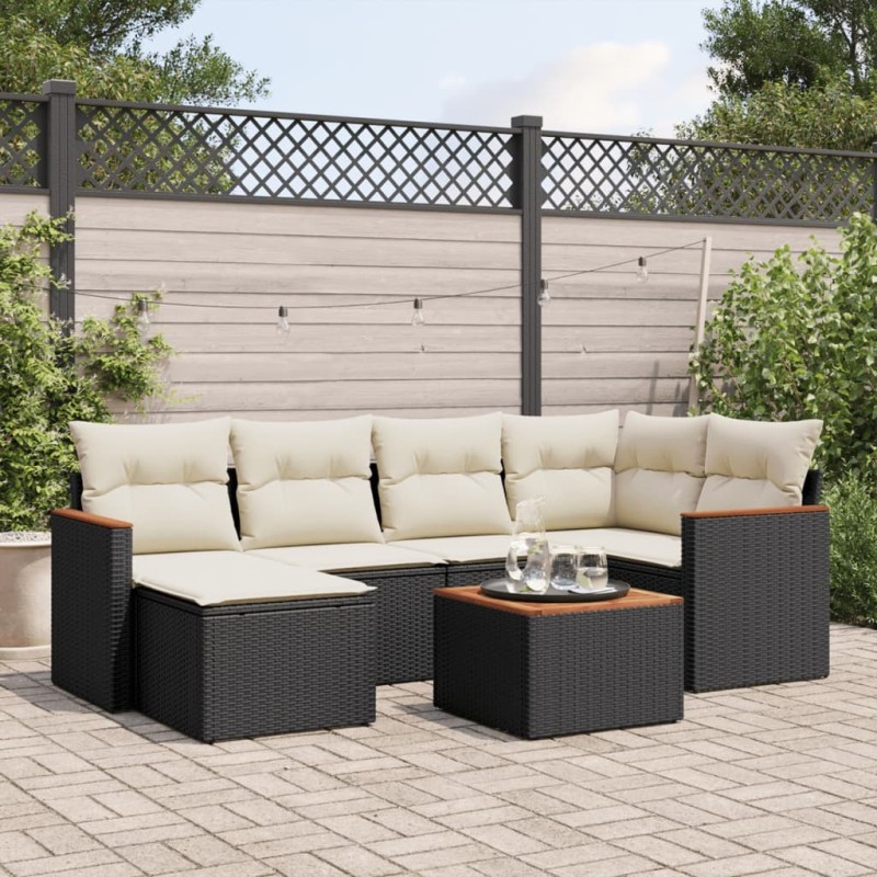 Salon de jardin 7 pcs avec coussins noir résine tressée 