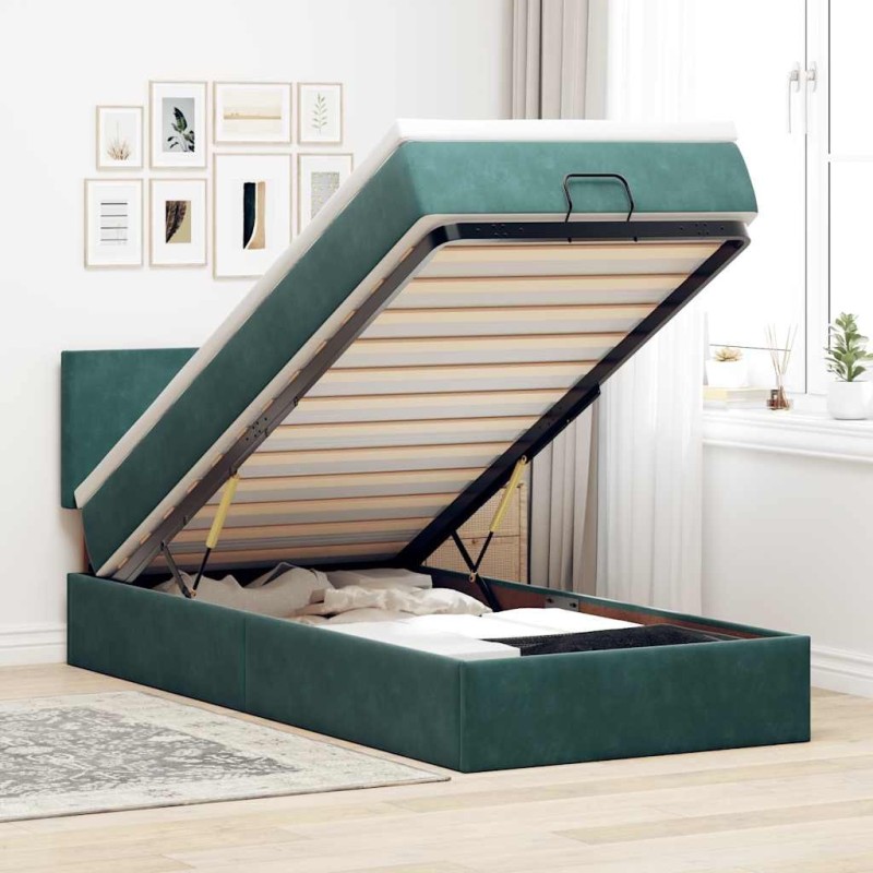 Cadre de lit ottoman avec matelas vert foncé 90x200 cm velours 