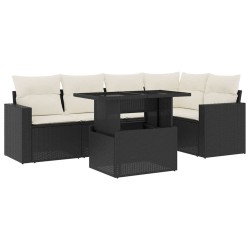 Salon de jardin 6 pcs avec coussins noir résine tressée 