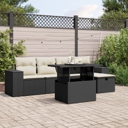 Salon de jardin 6 pcs avec coussins noir résine tressée 