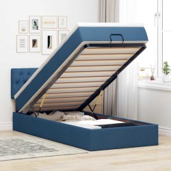 Cadre de lit ottoman avec matelas bleu 90x190 cm tissu 