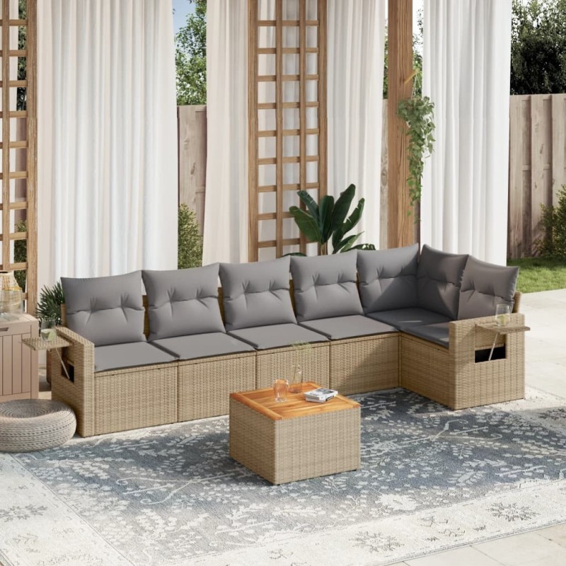 Salon de jardin avec coussins 7 pcs beige résine tressée 