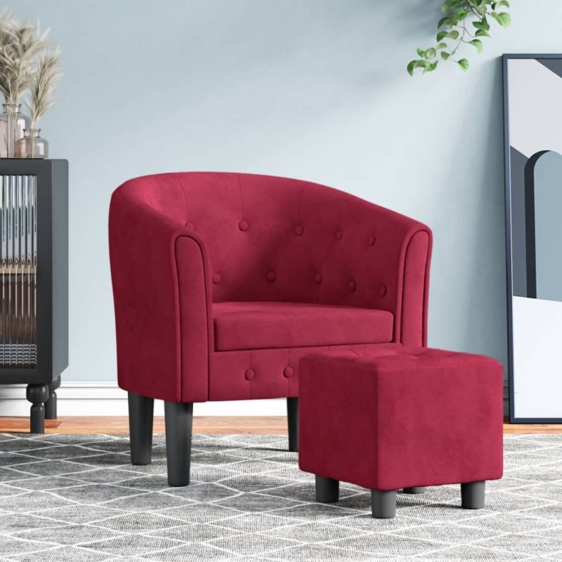 Fauteuil avec repose-pied rouge bordeaux velours 