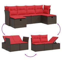 Salon de jardin 6 pcs avec coussins marron résine tressée 