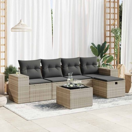 Salon de jardin 6 pcs avec coussins gris clair résine tressée 