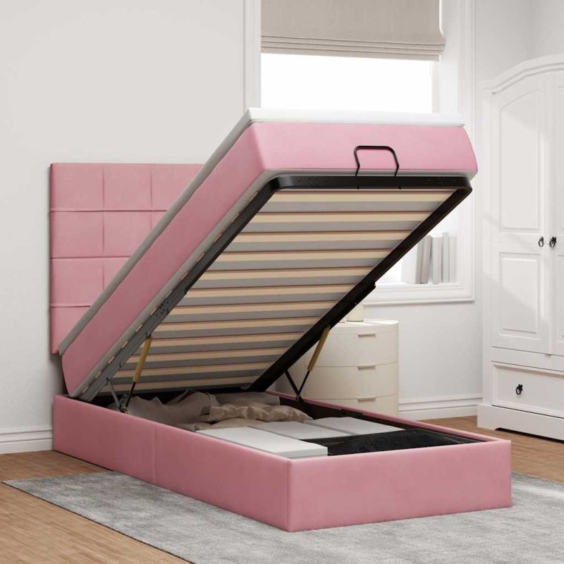 Cadre de lit ottoman avec matelas rose 90x190 cm velours 