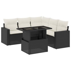 Salon de jardin 6 pcs avec coussins noir résine tressée 