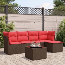 Salon de jardin 6 pcs avec coussins marron résine tressée 