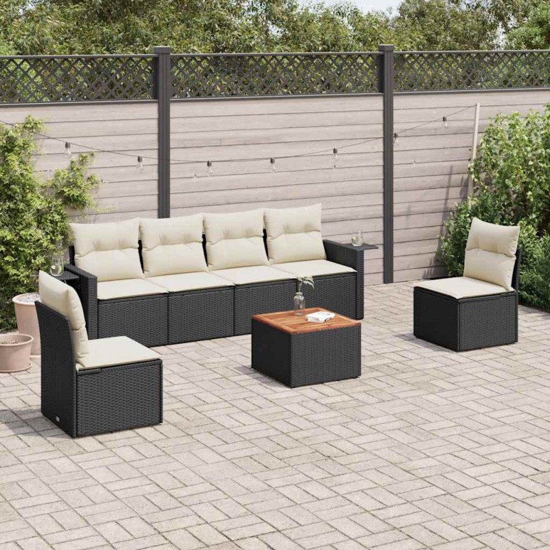 Salon de jardin 7 pcs avec coussins noir résine tressée 