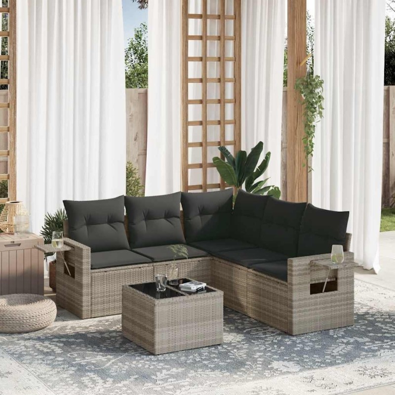 Salon de jardin 6 pcs avec coussins gris clair résine tressée 
