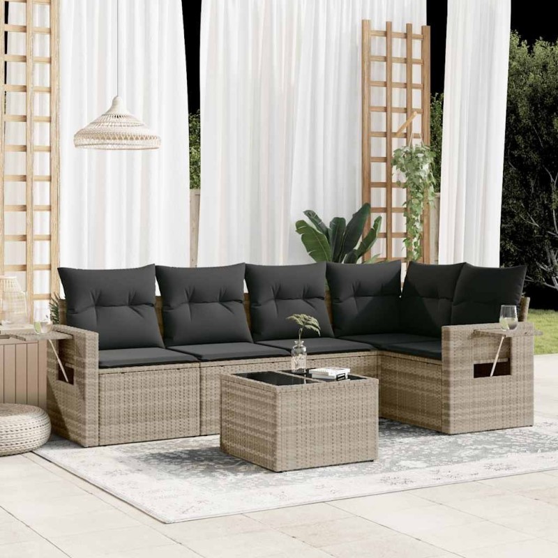 Salon de jardin 6 pcs avec coussins gris clair résine tressée 