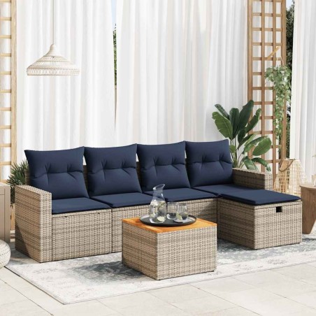 Salon de jardin 6 pcs avec coussins gris résine tressée 