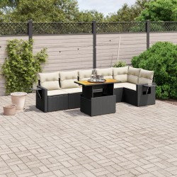 Salon de jardin 7 pcs avec coussins noir résine tressée 