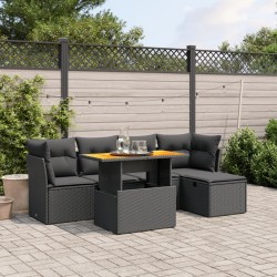 Salon de jardin 6 pcs avec coussins noir résine tressée 