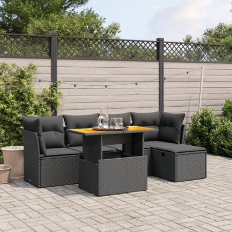 Salon de jardin 6 pcs avec coussins noir résine tressée 