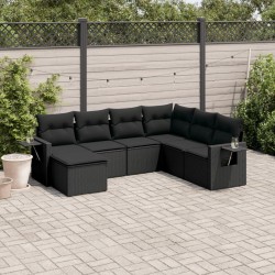 Salon de jardin 7 pcs avec coussins noir résine tressée 