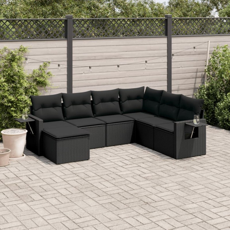 Salon de jardin 7 pcs avec coussins noir résine tressée 