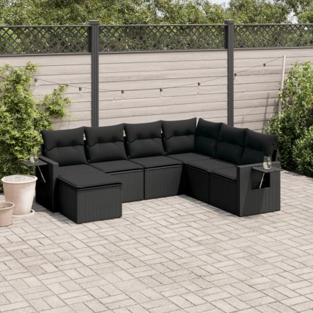 Salon de jardin 7 pcs avec coussins noir résine tressée 