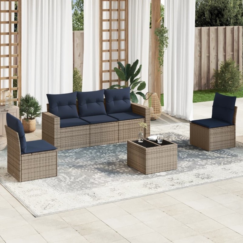 Salon de jardin 6 pcs avec coussins gris résine tressée 