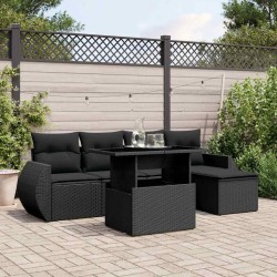 Salon de jardin 6 pcs avec coussins noir résine tressée 