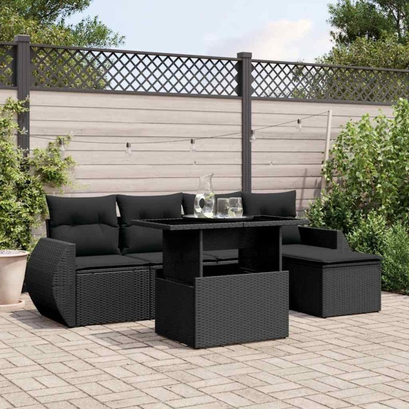 Salon de jardin 6 pcs avec coussins noir résine tressée 