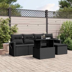 Salon de jardin 6 pcs avec coussins noir résine tressée 