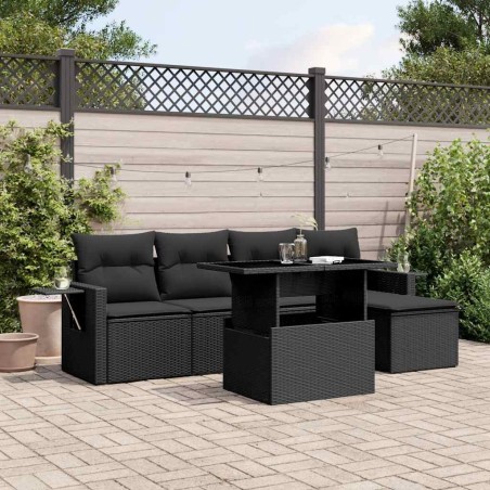 Salon de jardin 6 pcs avec coussins noir résine tressée 