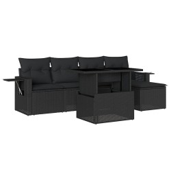 Salon de jardin 6 pcs avec coussins noir résine tressée 