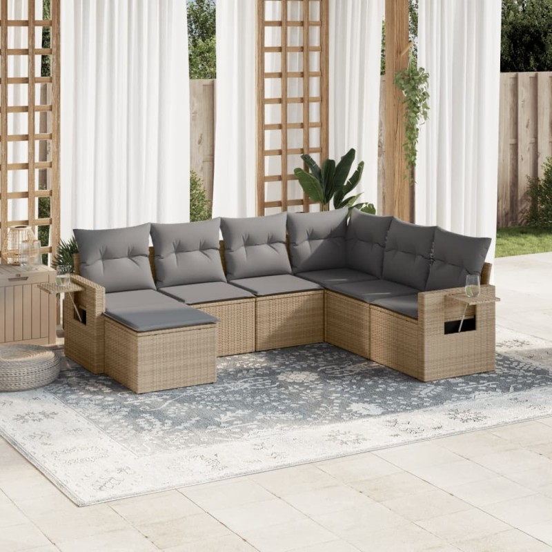 Salon de jardin avec coussins 7 pcs beige résine tressée 