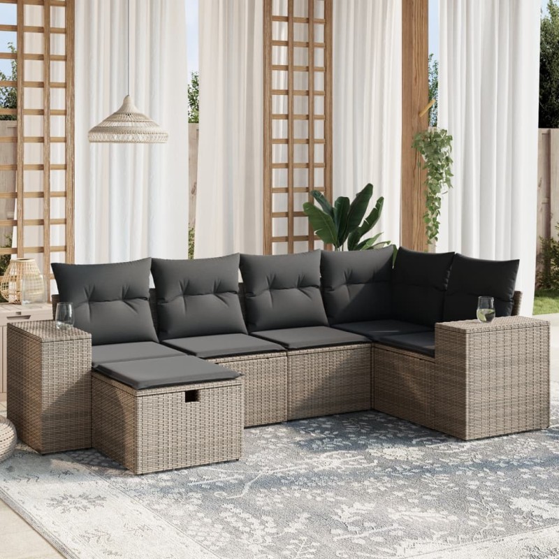 Salon de jardin 6 pcs avec coussins gris résine tressée 