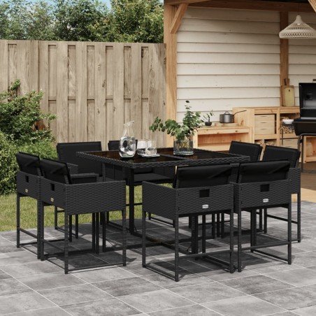Ensemble à manger de jardin 9pcs coussins noir résine tressée 