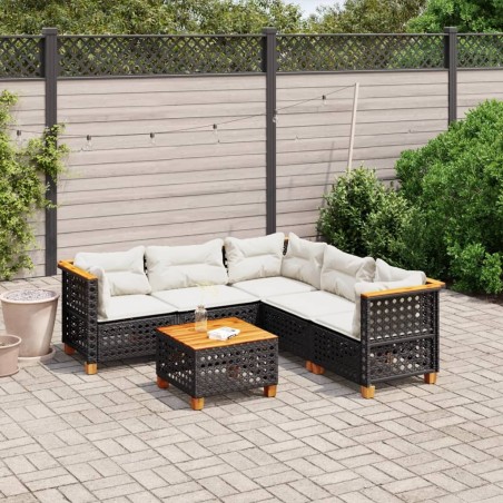 Salon de jardin 6 pcs avec coussins noir résine tressée 