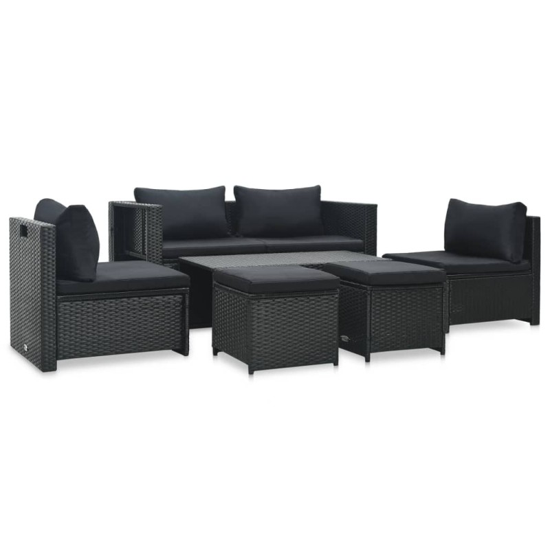 Salon de jardin 6 pcs avec coussins résine tressée noir 