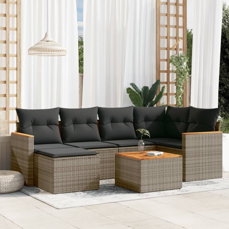 Salon de jardin avec coussins 7 pcs gris résine tressée 