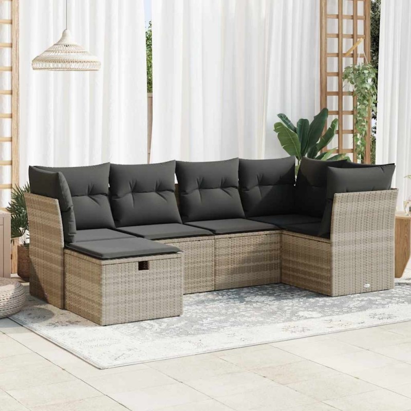 Salon de jardin 6 pcs avec coussins gris clair résine tressée 