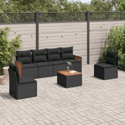 Salon de jardin 7 pcs avec coussins noir résine tressée 