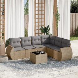 Salon de jardin avec coussins 7 pcs beige résine tressée 