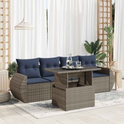 Salon de jardin 5 pcs avec coussins gris résine tressée acacia 