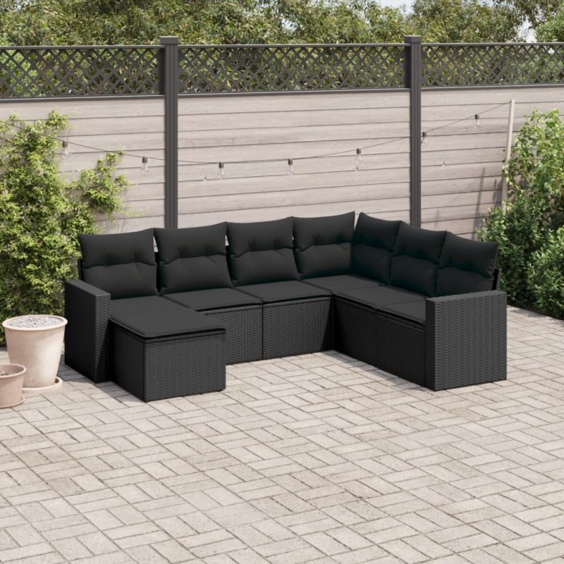 Salon de jardin 7 pcs avec coussins noir résine tressée 
