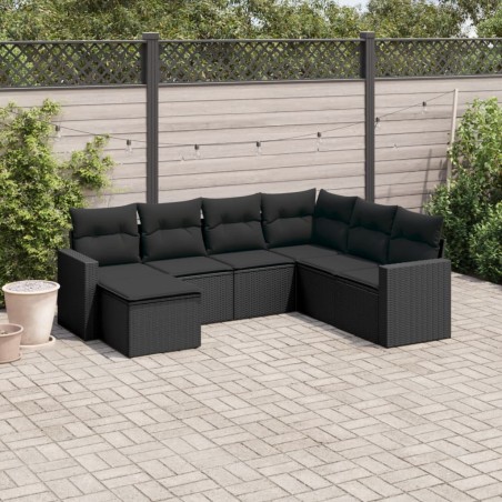 Salon de jardin 7 pcs avec coussins noir résine tressée 