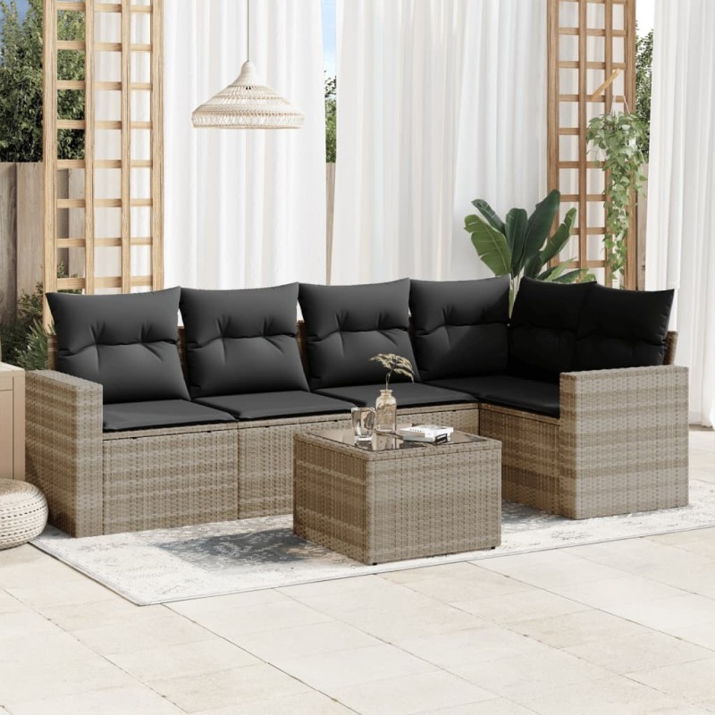 Salon de jardin 6 pcs avec coussins gris clair résine tressée 